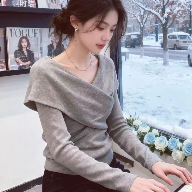 法式氣質多種穿法不規則德絨加厚百搭顯瘦打底純色長袖T恤