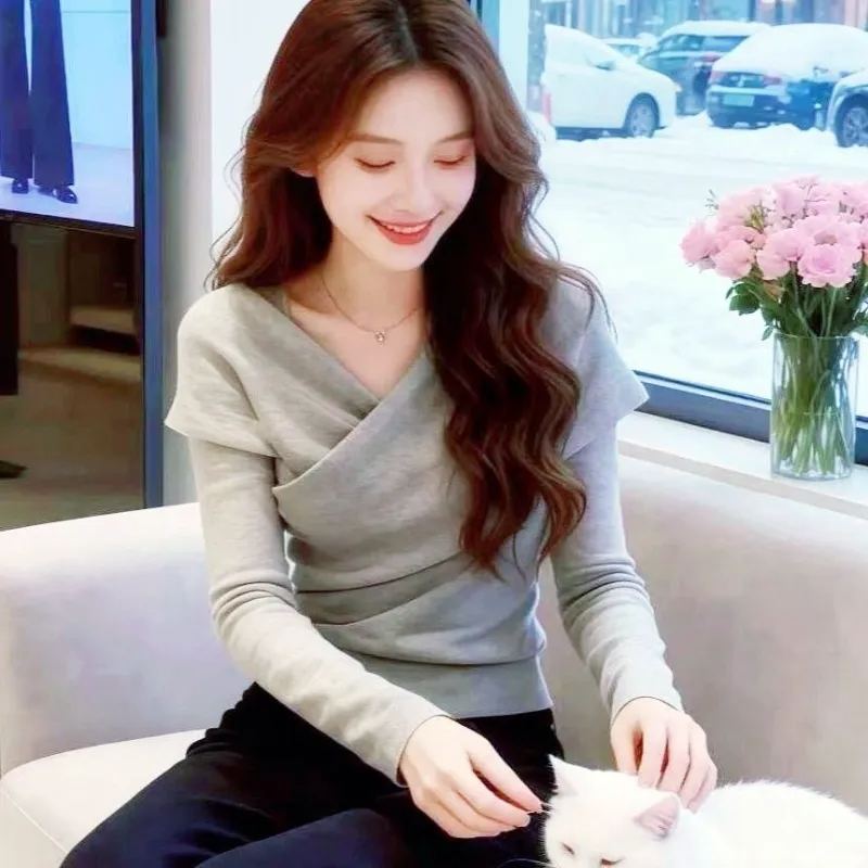 法式氣質多種穿法不規則德絨加厚百搭顯瘦打底純色長袖T恤