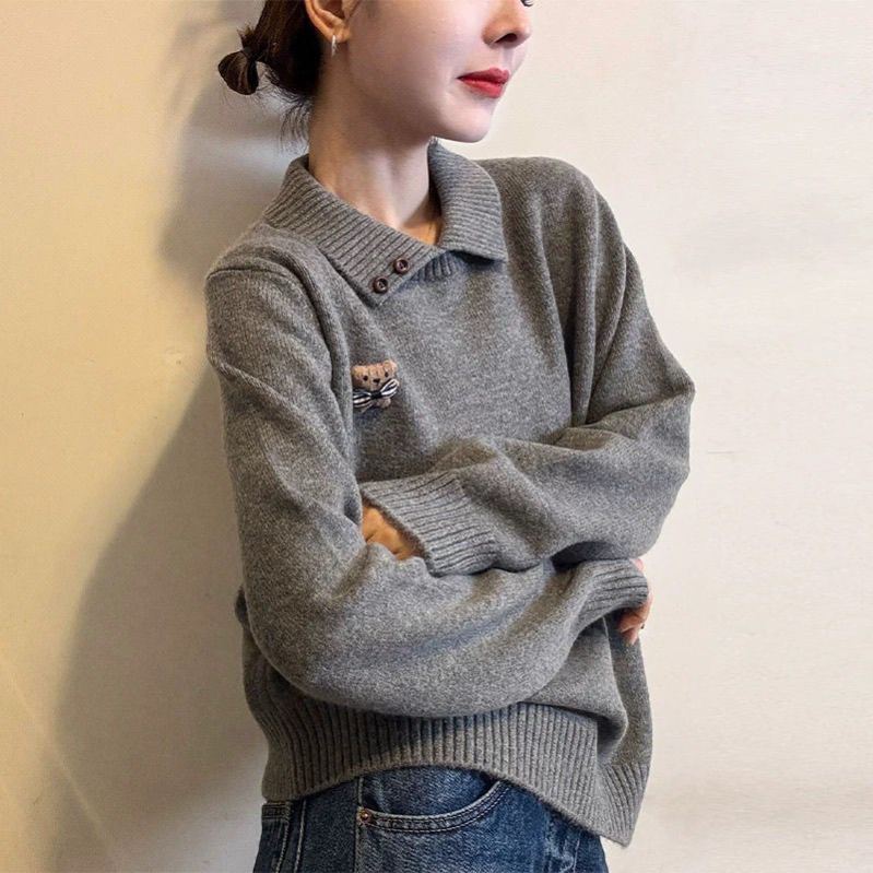 POLO領卡通設計感針織上衣女小眾洋氣毛衣打底衫