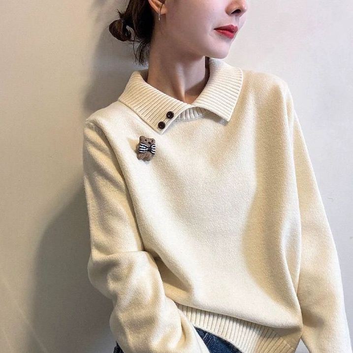 POLO領卡通設計感針織上衣女小眾洋氣毛衣打底衫