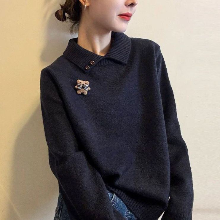 POLO領卡通設計感針織上衣女小眾洋氣毛衣打底衫