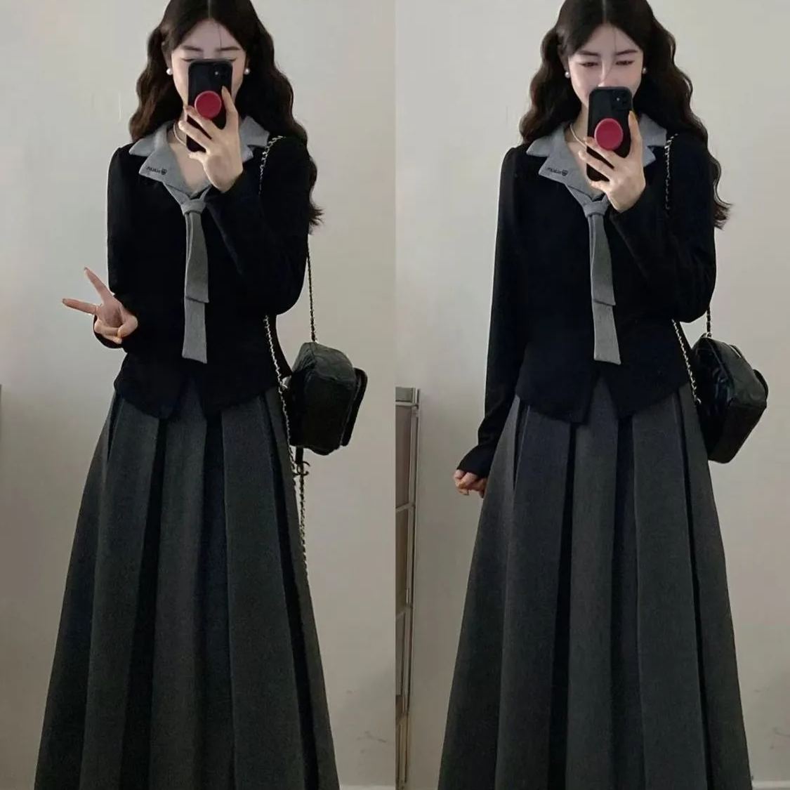 【單件/套裝】假兩件遮肉顯瘦翻領刺繡上衣+百褶A字半身裙兩件套