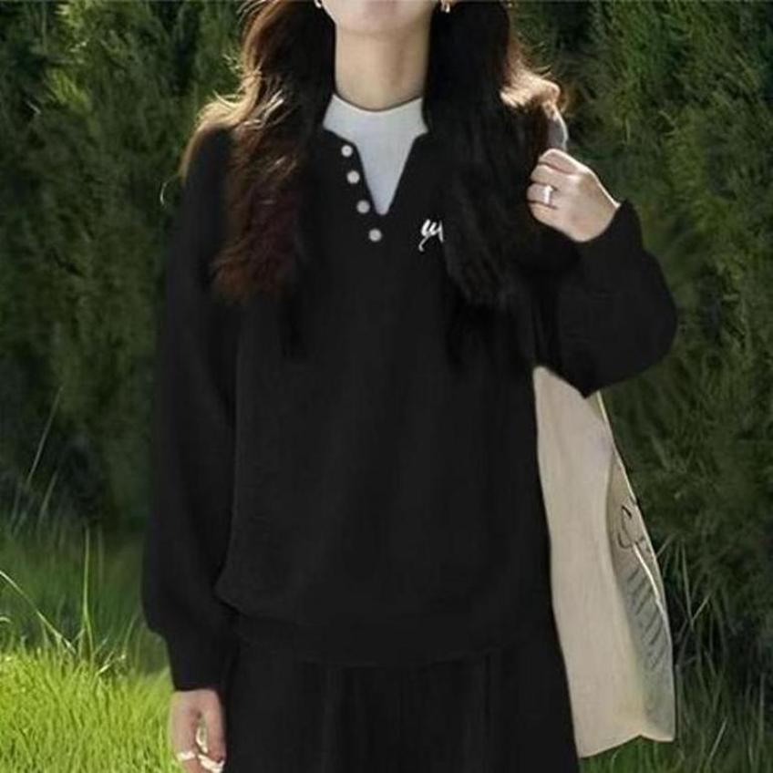 【單件/套裝】休閒加絨加厚寬鬆學院假兩件衛衣+運動闊腿褲兩件套