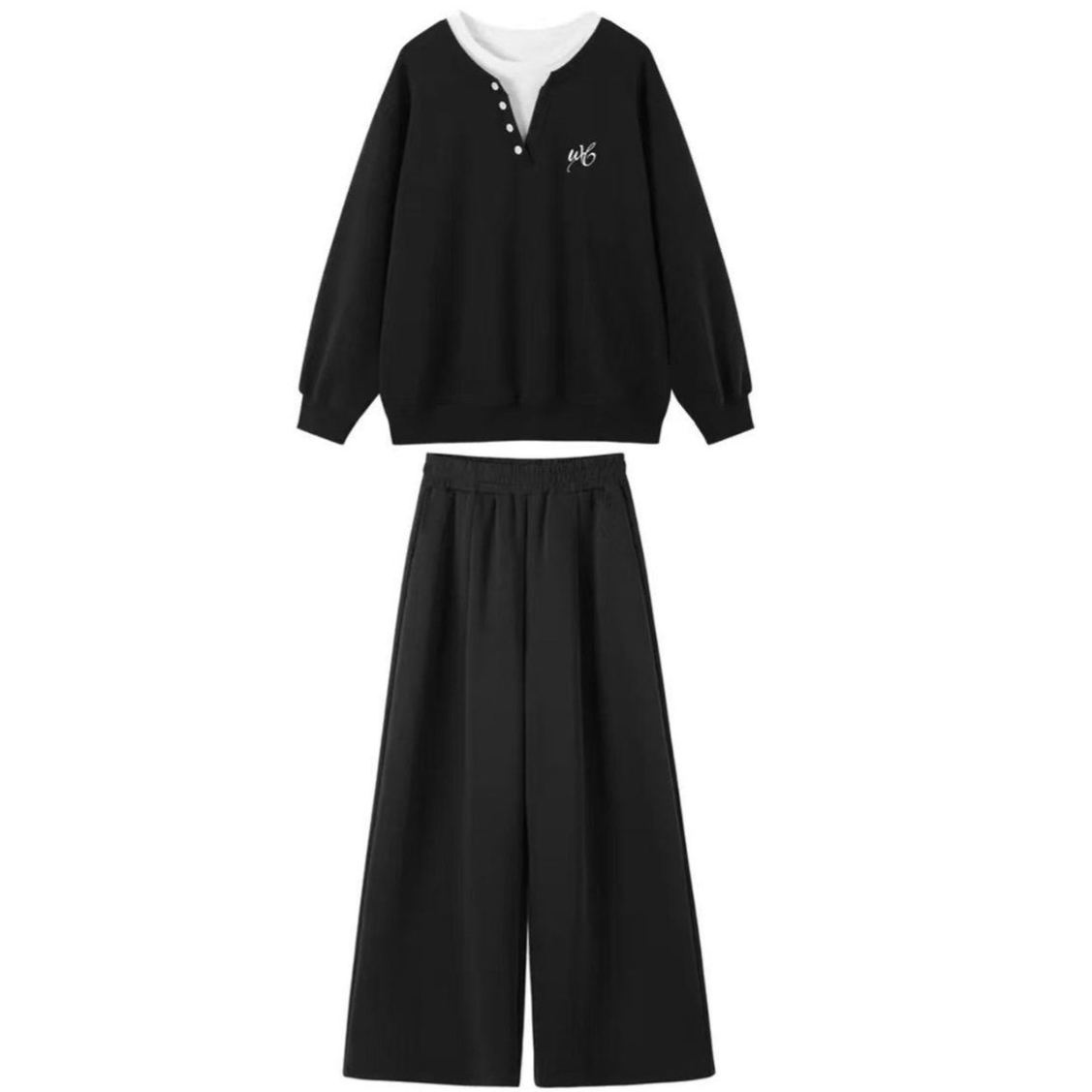 【單件/套裝】休閒加絨加厚寬鬆學院假兩件衛衣+運動闊腿褲兩件套