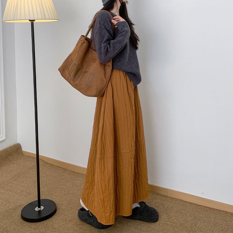 日系復古肌理感立體花苞裙絎線保暖中長款A字傘裙子半身裙