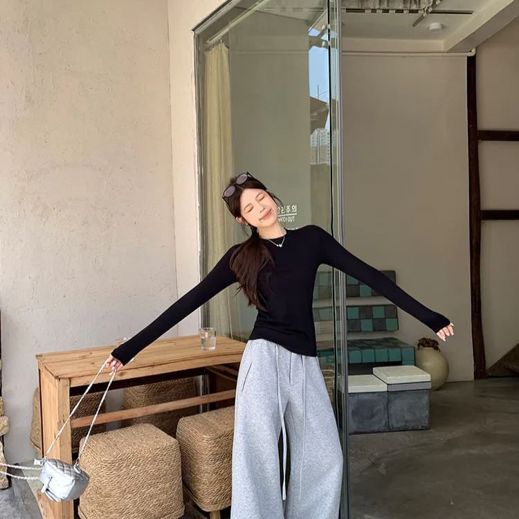 韓系圓領長袖T恤內搭打底衫修身慵懶氣質上衣