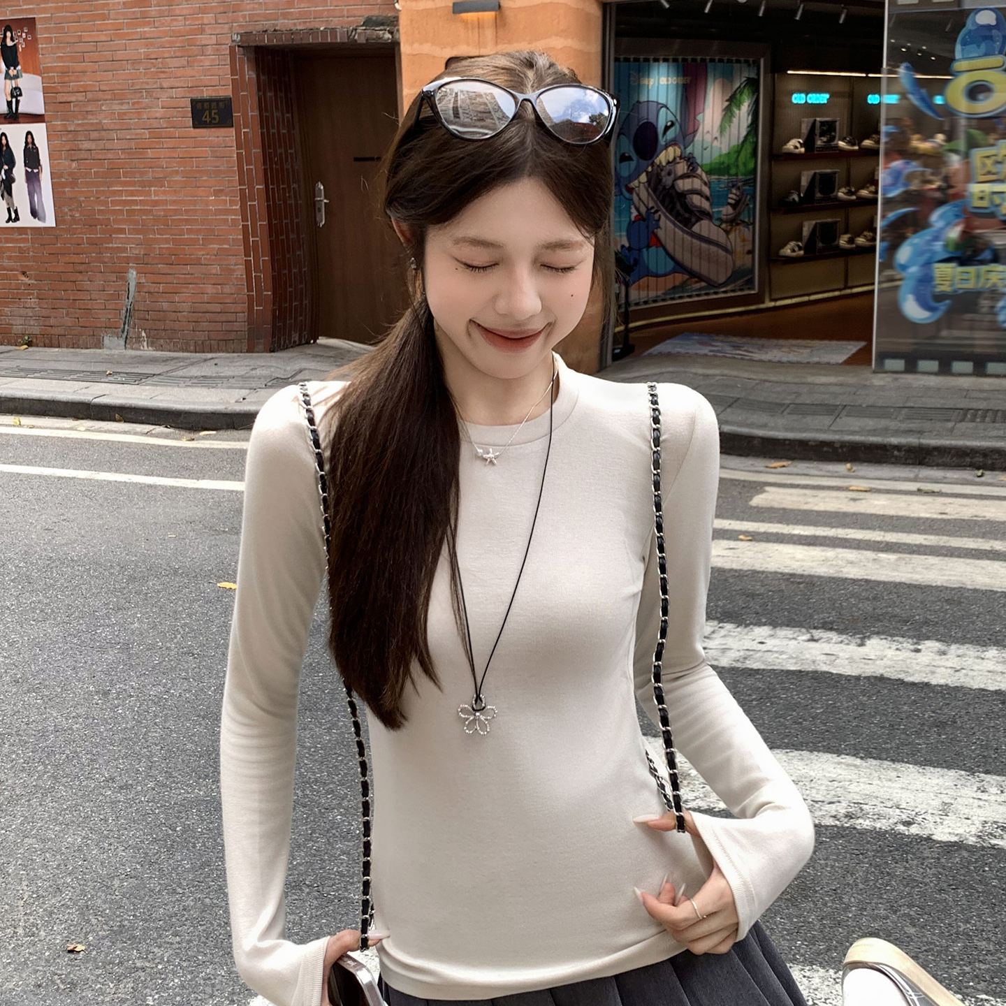 韓系圓領長袖T恤內搭打底衫修身慵懶氣質上衣