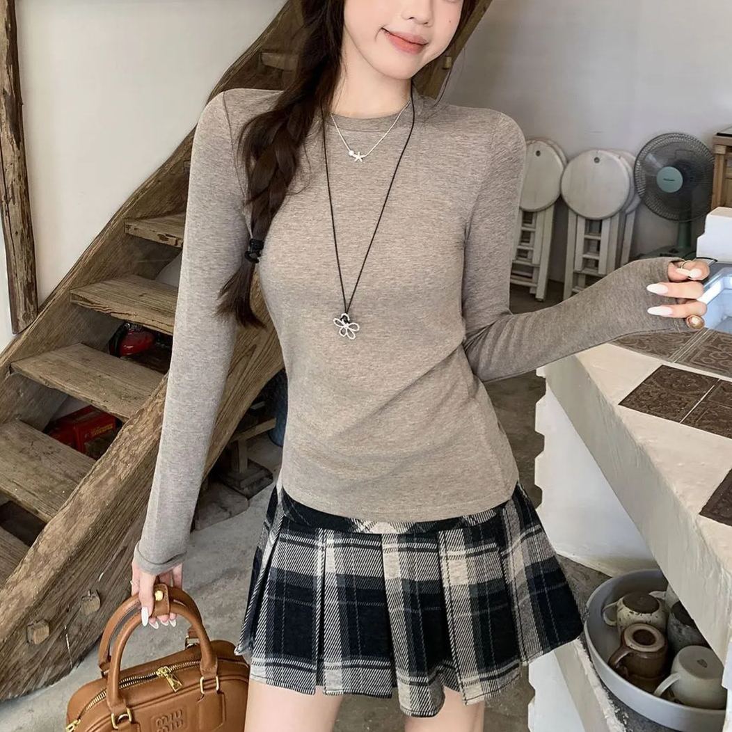 韓系圓領長袖T恤內搭打底衫修身慵懶氣質上衣