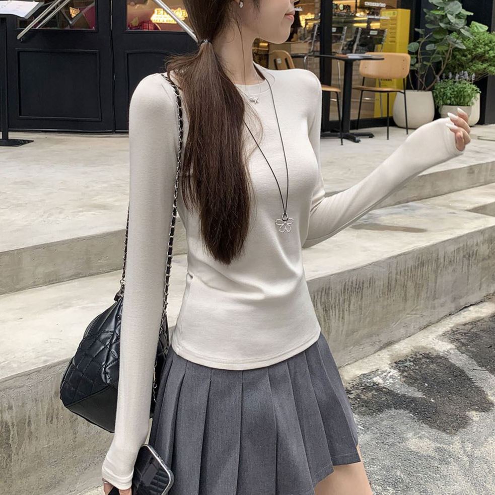 韓系圓領長袖T恤內搭打底衫修身慵懶氣質上衣