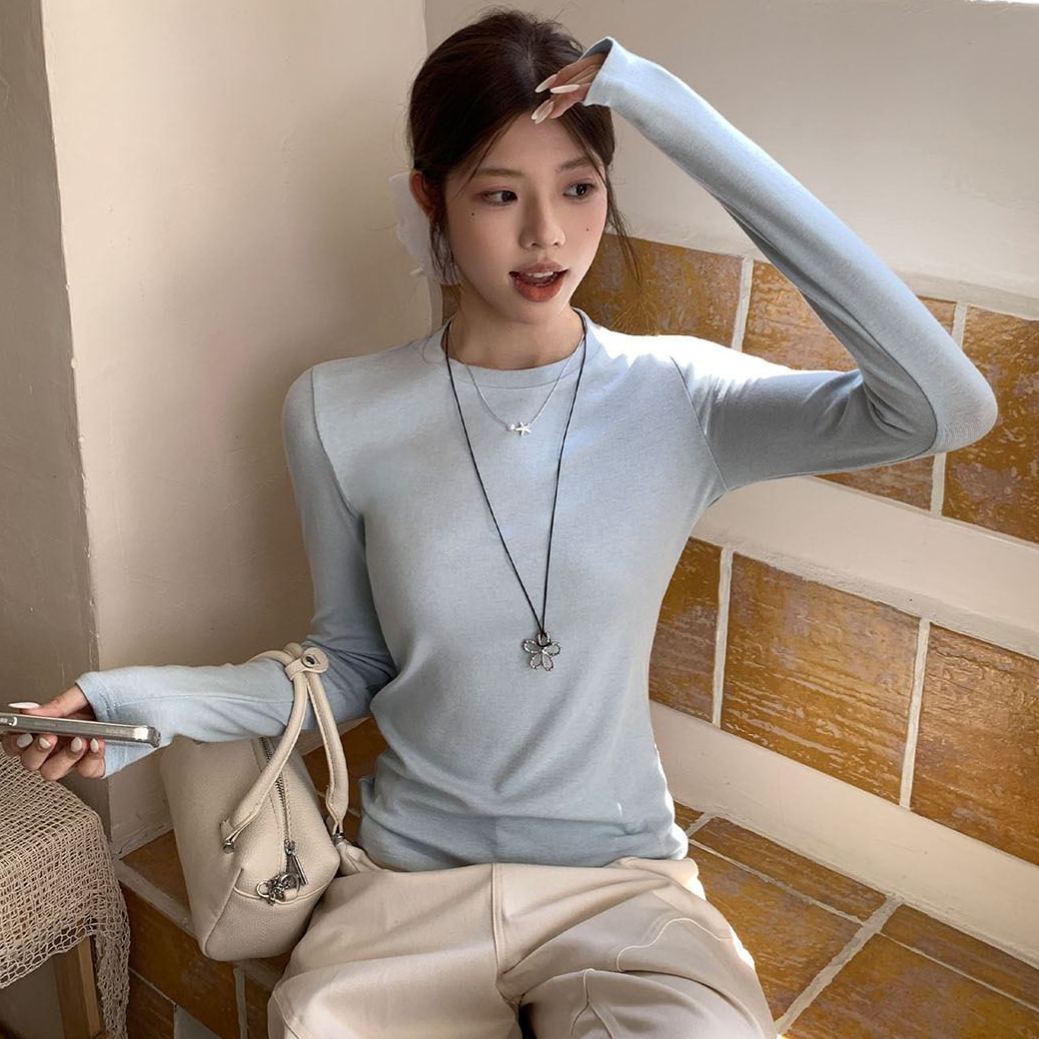 韓系圓領長袖T恤內搭打底衫修身慵懶氣質上衣