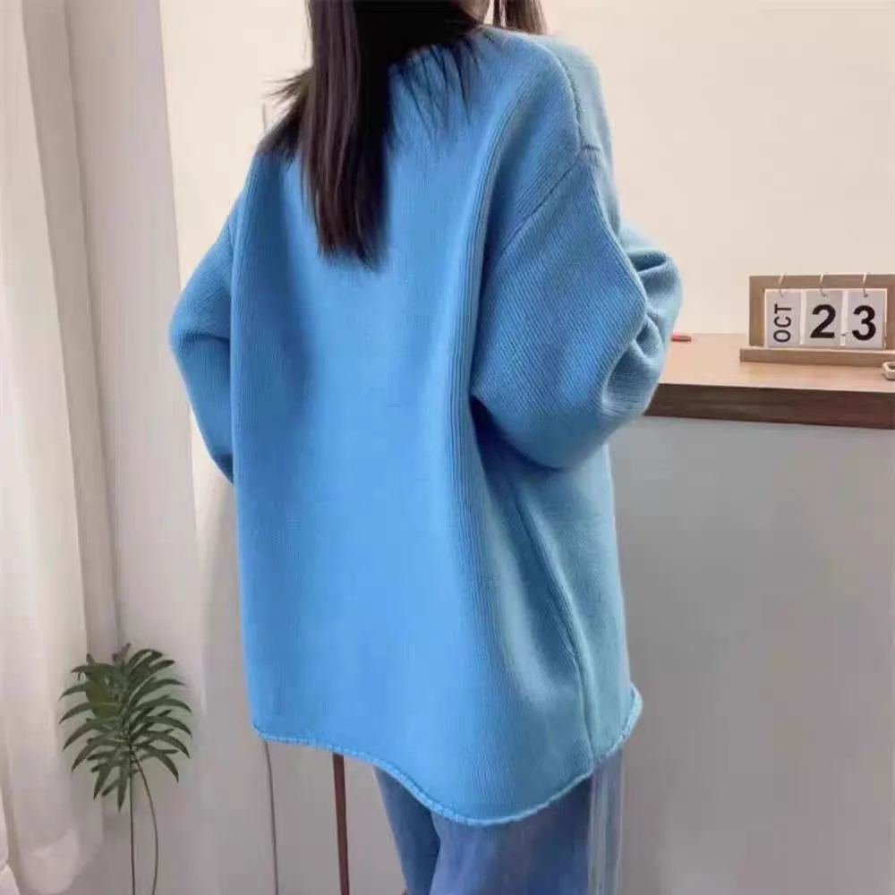 寬鬆百搭慵懶素色時尚捲邊圓領針織衫