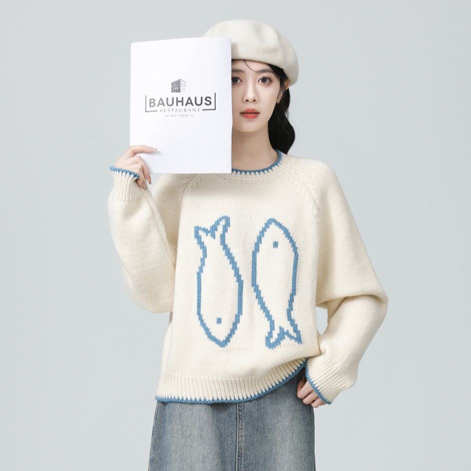 圓領套頭厚鬆軟提花寬鬆上衣針織衫