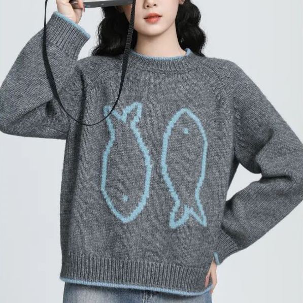 圓領套頭厚鬆軟提花寬鬆上衣針織衫