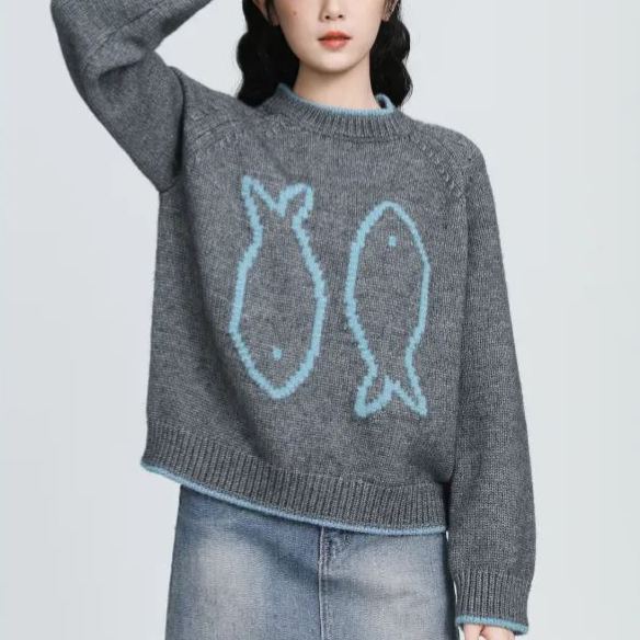 圓領套頭厚鬆軟提花寬鬆上衣針織衫