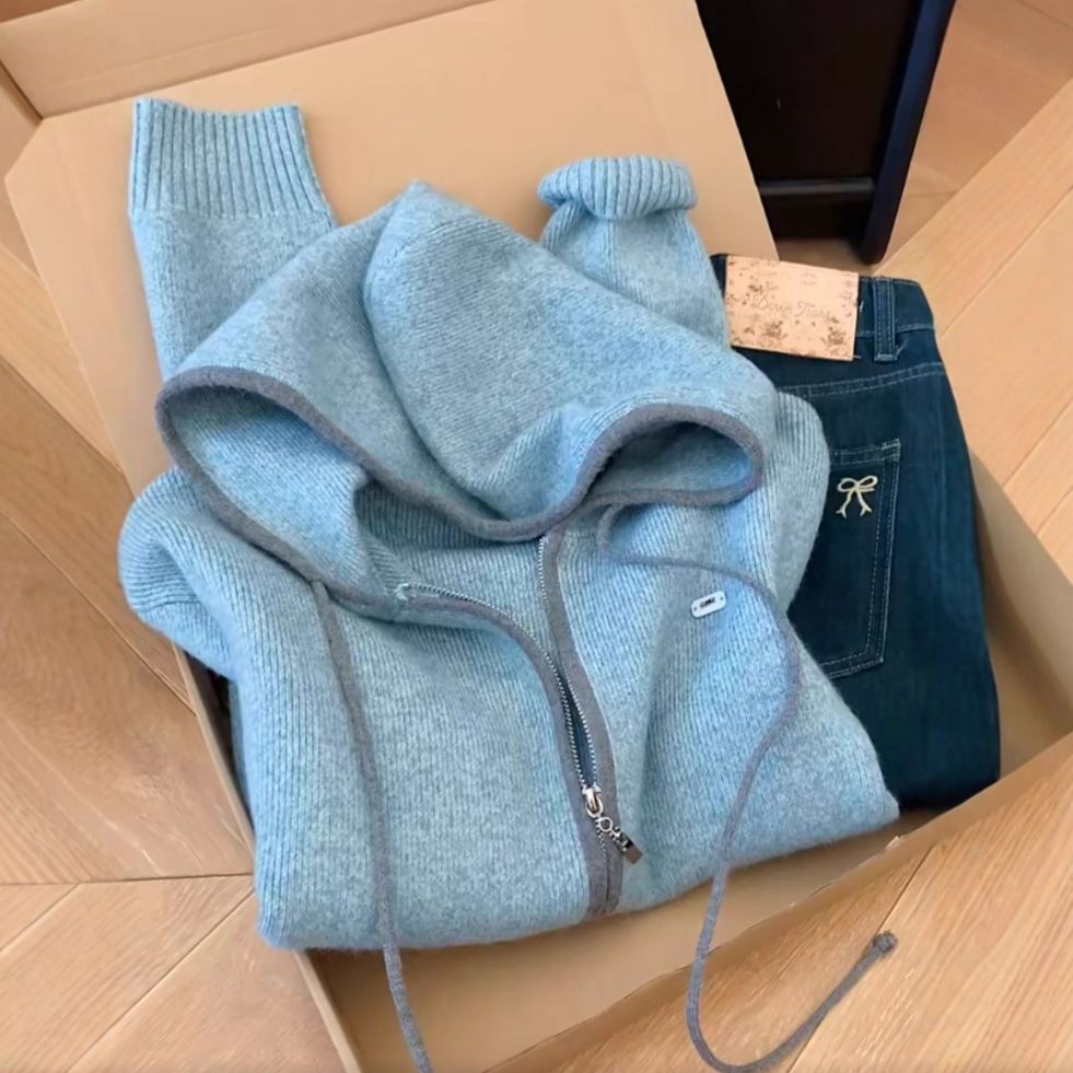 簡約通勤氣質雙拉鍊連帽針織寬鬆開衫上衣