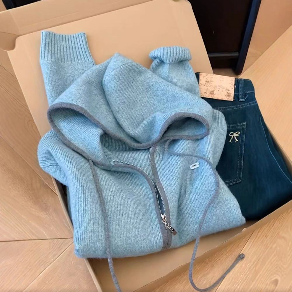 簡約通勤氣質雙拉鍊連帽針織寬鬆開衫上衣