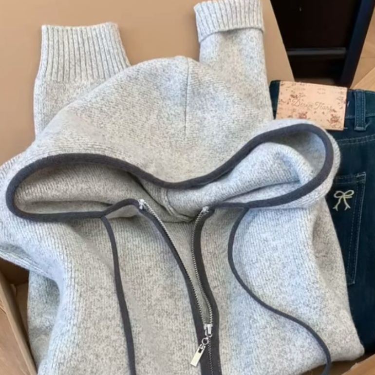 簡約通勤氣質雙拉鍊連帽針織寬鬆開衫上衣