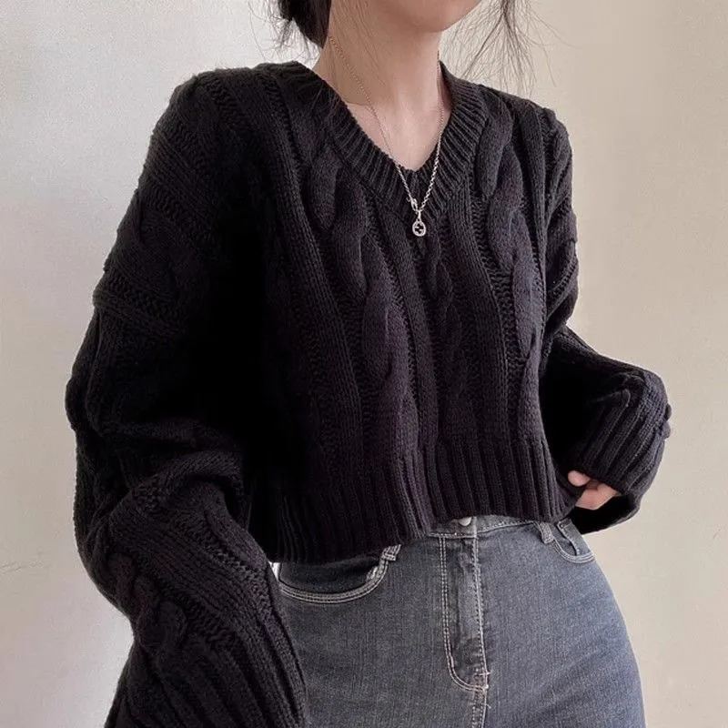 chic復古麻花V領套頭長袖寬鬆短款慵懶風針織上衣