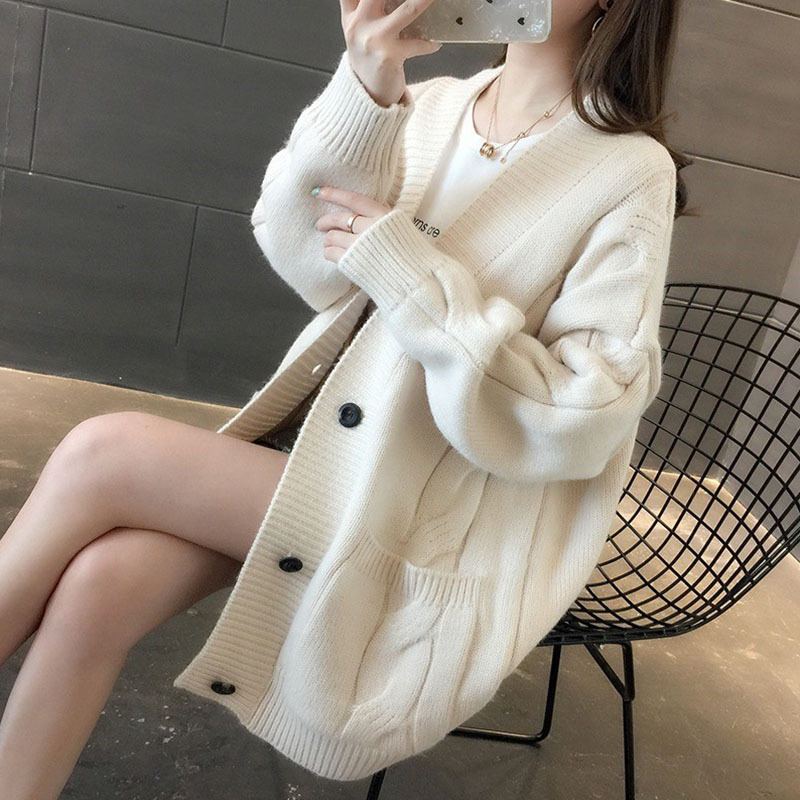 慵懶風V領麻花針織衫寬鬆外穿女裝開衫V領百搭毛衣外套