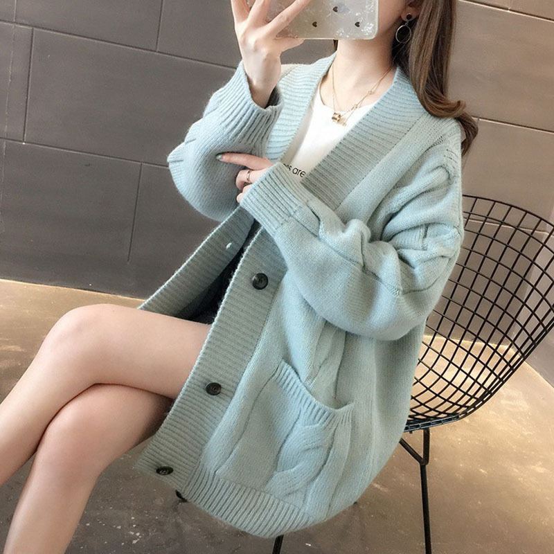 慵懶風V領麻花針織衫寬鬆外穿女裝開衫V領百搭毛衣外套