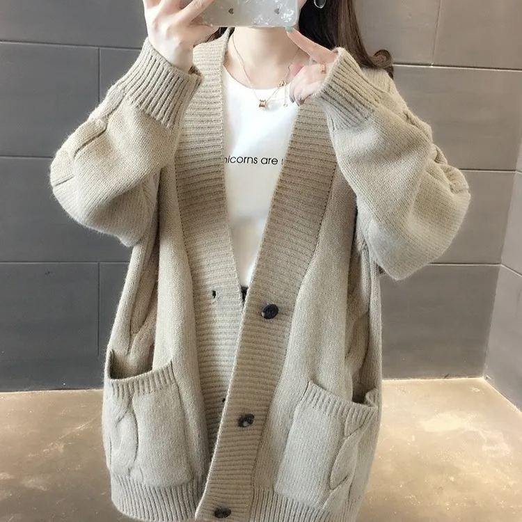 慵懶風V領麻花針織衫寬鬆外穿女裝開衫V領百搭毛衣外套