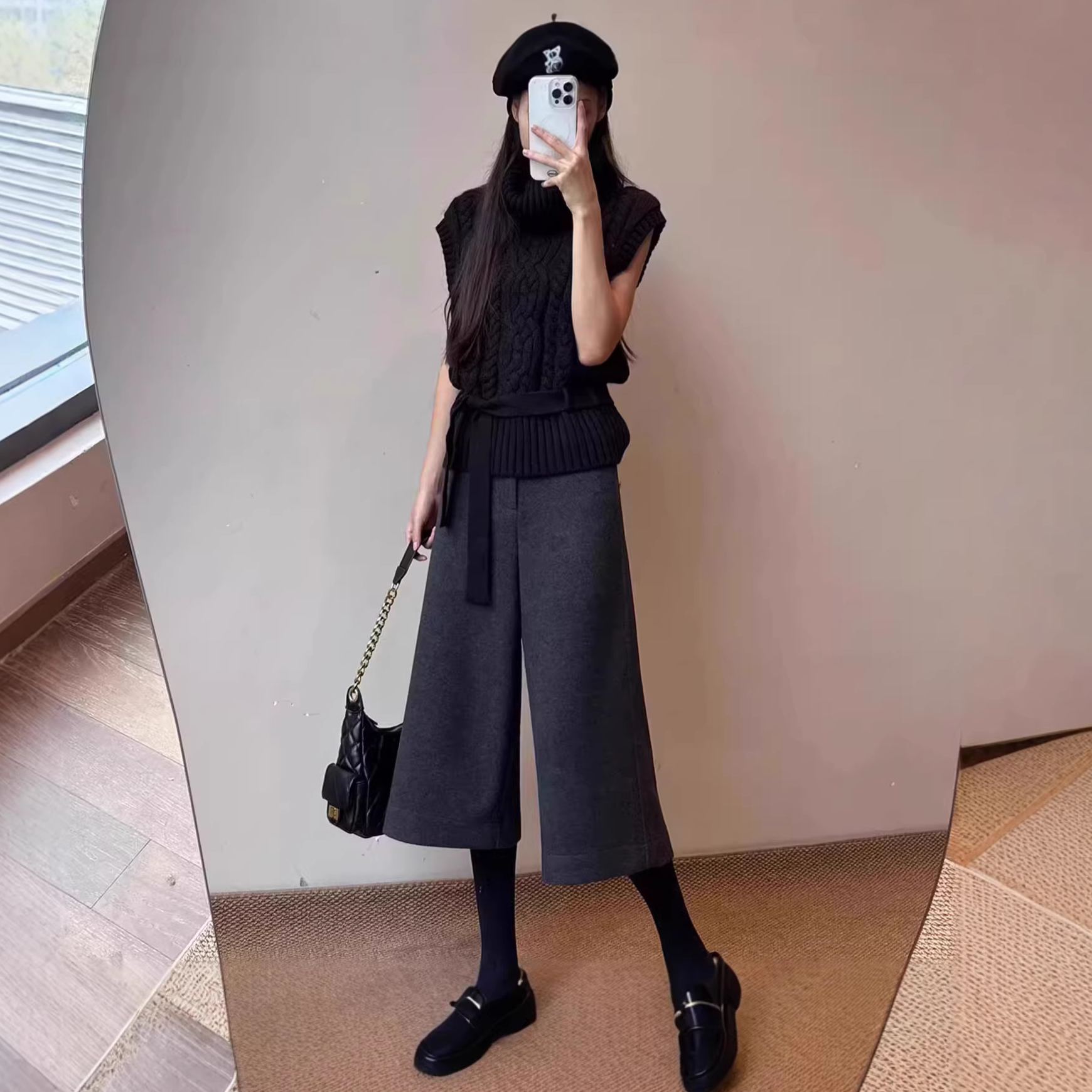 毛呢A字高腰顯瘦休閒百搭七分闊腿褲