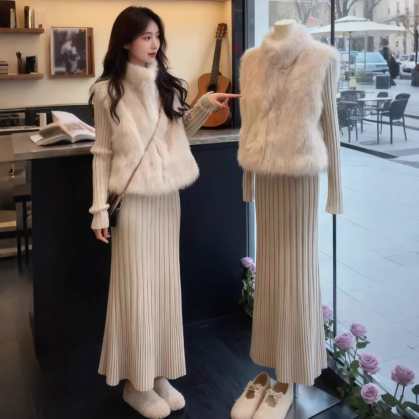 【單件/套裝】百搭顯瘦毛馬甲+針織洋裝兩件套裝