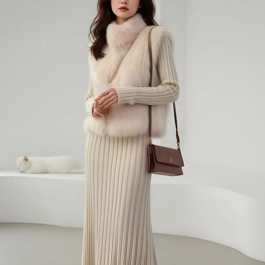 【單件/套裝】百搭顯瘦毛馬甲+針織洋裝兩件套裝