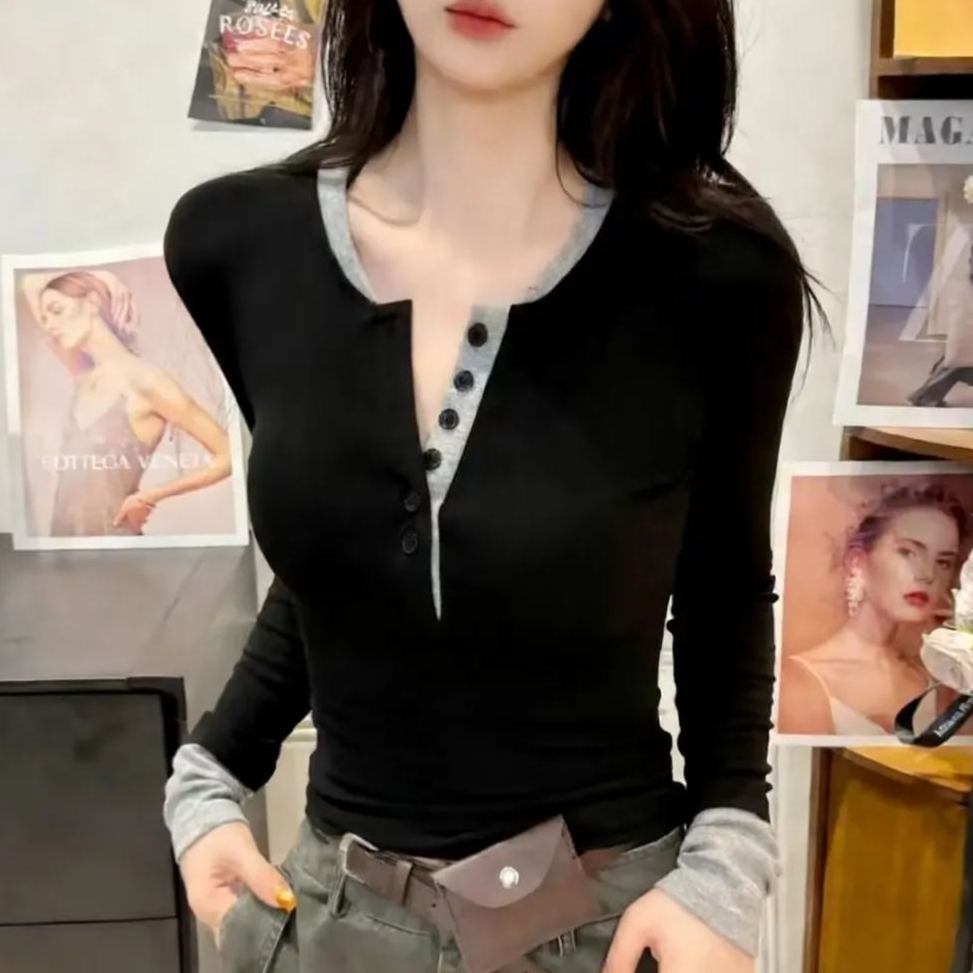 撞色假兩件別致內搭顯瘦辣妹打底衫