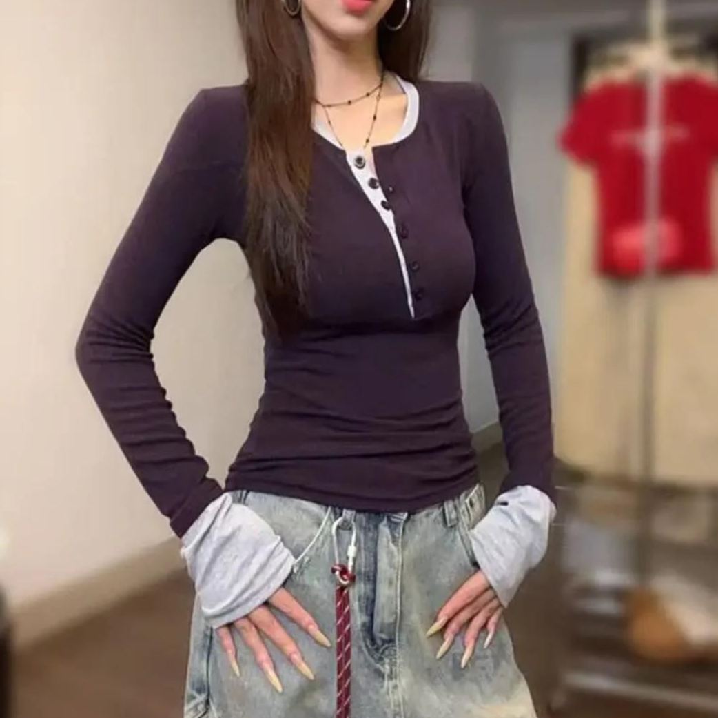 撞色假兩件別致內搭顯瘦辣妹打底衫