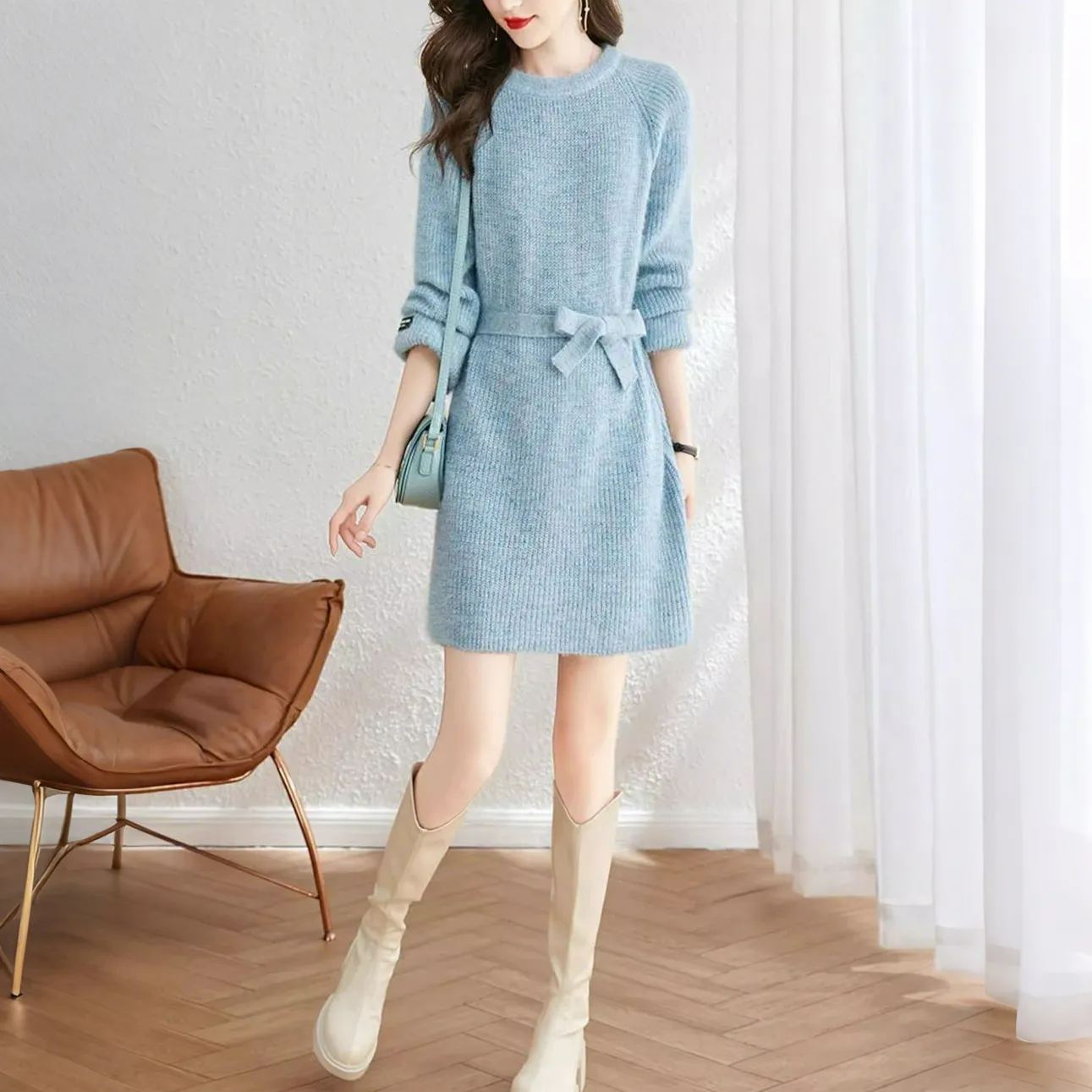 慵懶風寬鬆系帶中長版針織毛衣洋裝