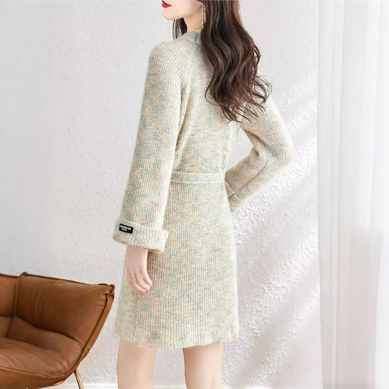 慵懶風寬鬆系帶中長版針織毛衣洋裝