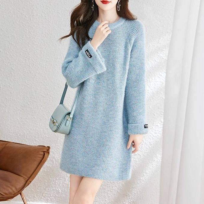 慵懶風寬鬆系帶中長版針織毛衣洋裝