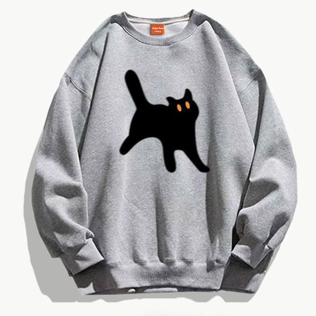 韓系卡通貓咪印花刷毛加厚休閒圓領長袖T恤