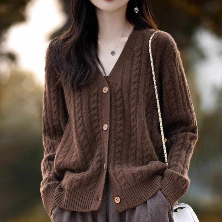 韓版復古麻花寬鬆長袖素色V領針織開衫