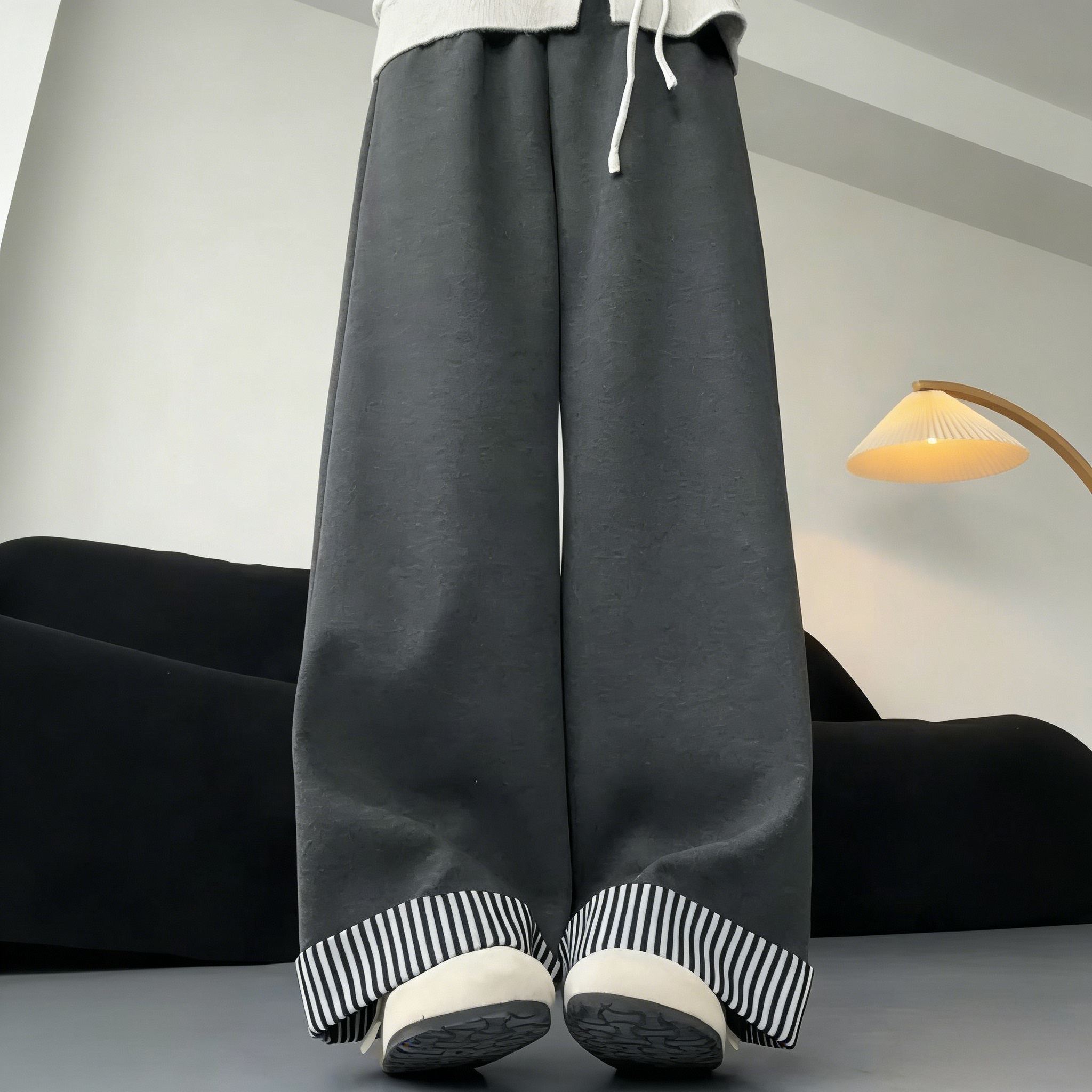 日系復古少女感休閒高腰垂感毛呢不起球闊腿長褲