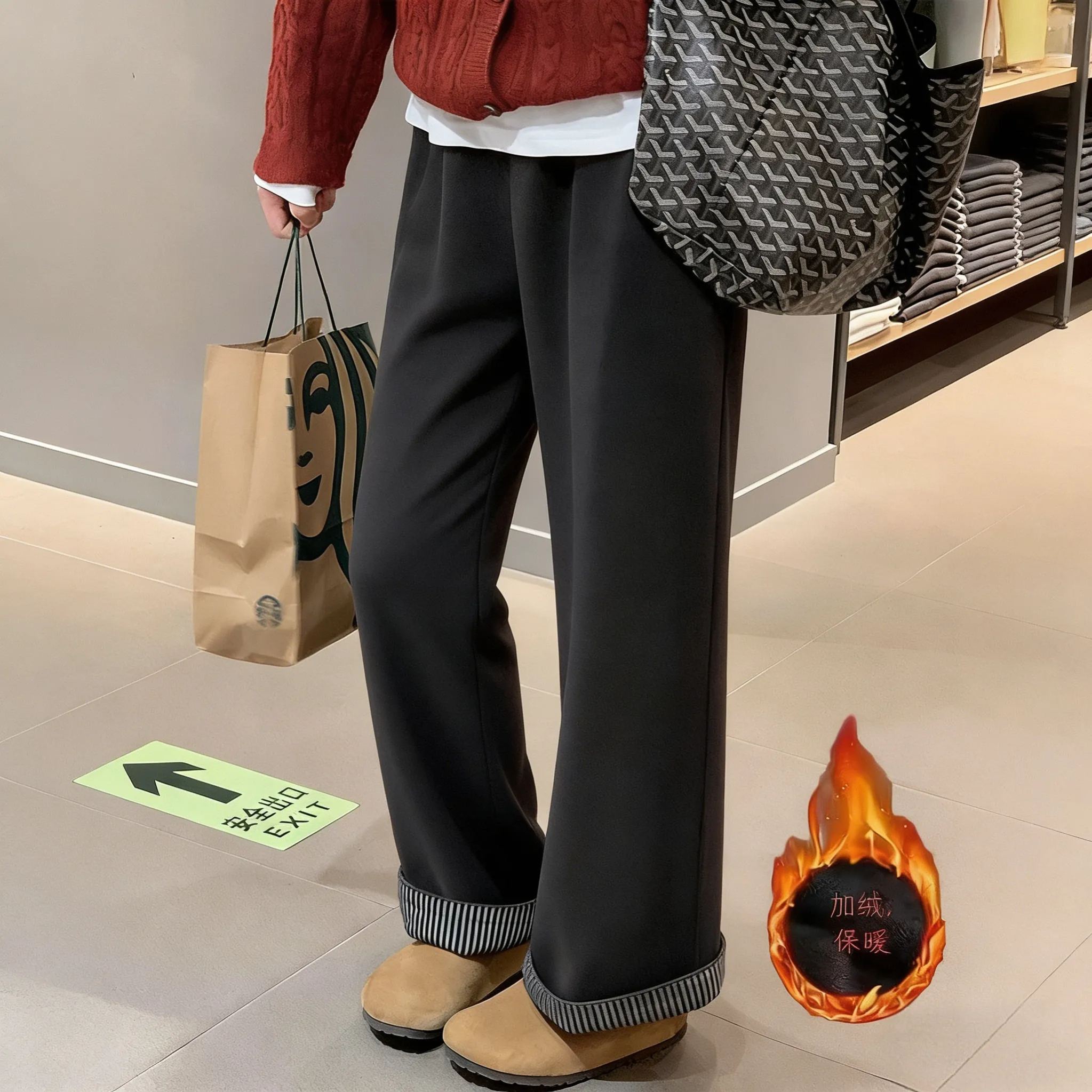 日系復古少女感休閒高腰垂感毛呢不起球闊腿長褲