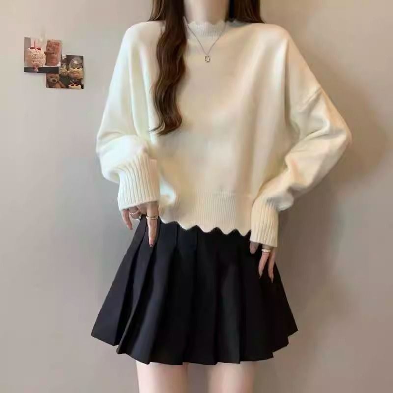 軟糯親膚法式氛圍花邊半高領半高領短款針織打底衫