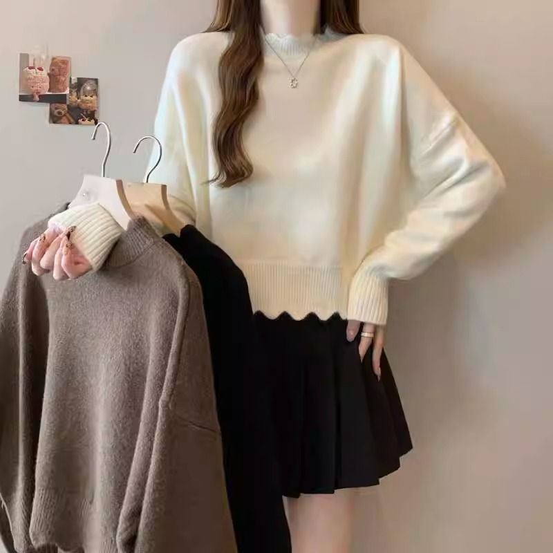 軟糯親膚法式氛圍花邊半高領半高領短款針織打底衫