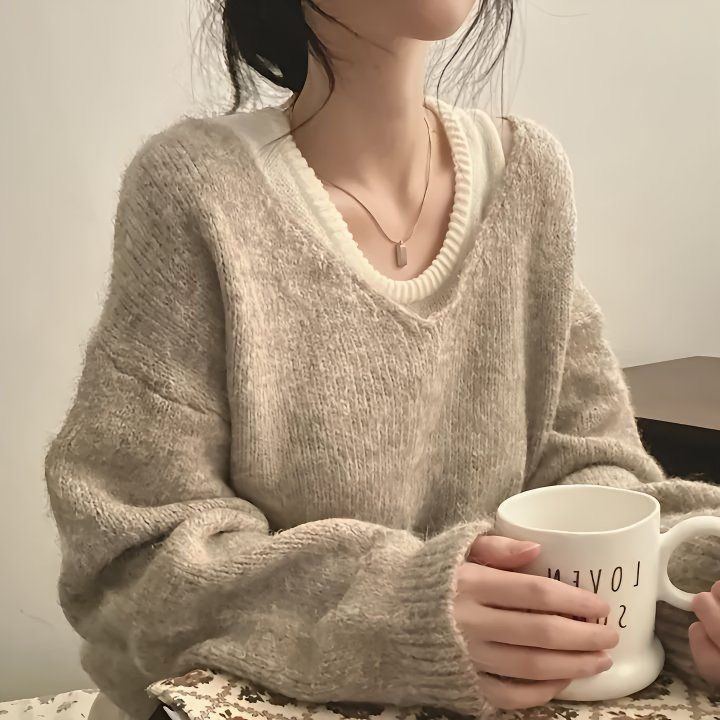 【兩件套】韓版ins簡約軟糯慵懶風疊穿內搭針織背心+正肩軟糯寬鬆針織衫套裝