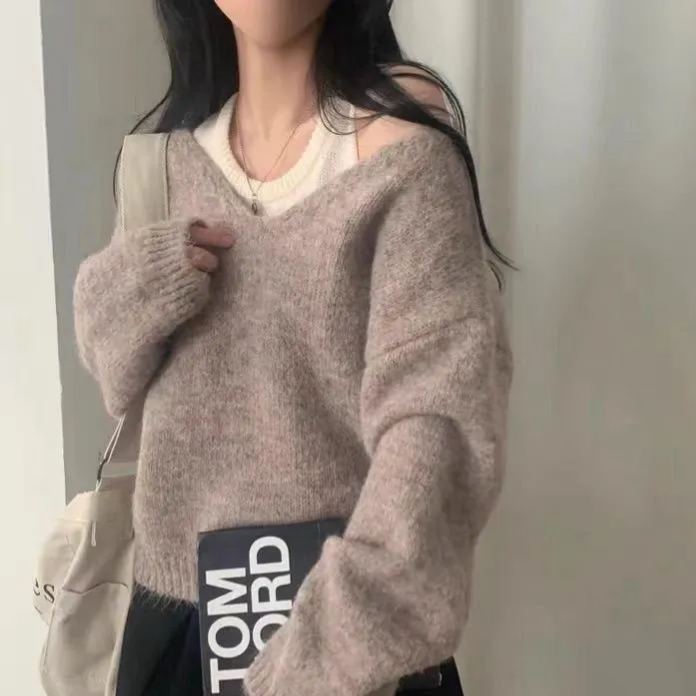 【兩件套】韓版ins簡約軟糯慵懶風疊穿內搭針織背心+正肩軟糯寬鬆針織衫套裝