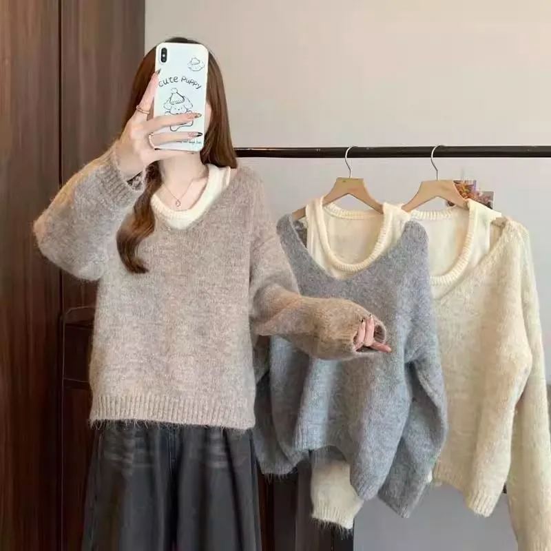 【兩件套】韓版ins簡約軟糯慵懶風疊穿內搭針織背心+正肩軟糯寬鬆針織衫套裝