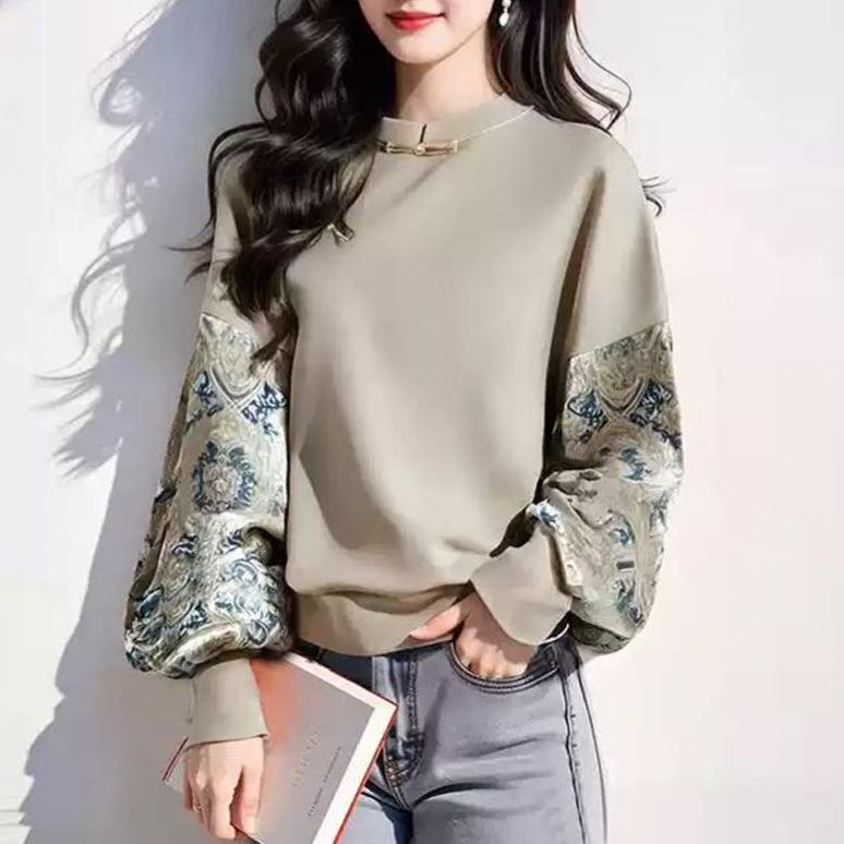 新中式國風印花設計感重工盤扣拼接長袖T恤