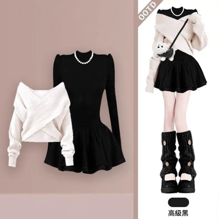 【單件/套裝】小香風交叉毛衣+黑色洋裝兩件套裝