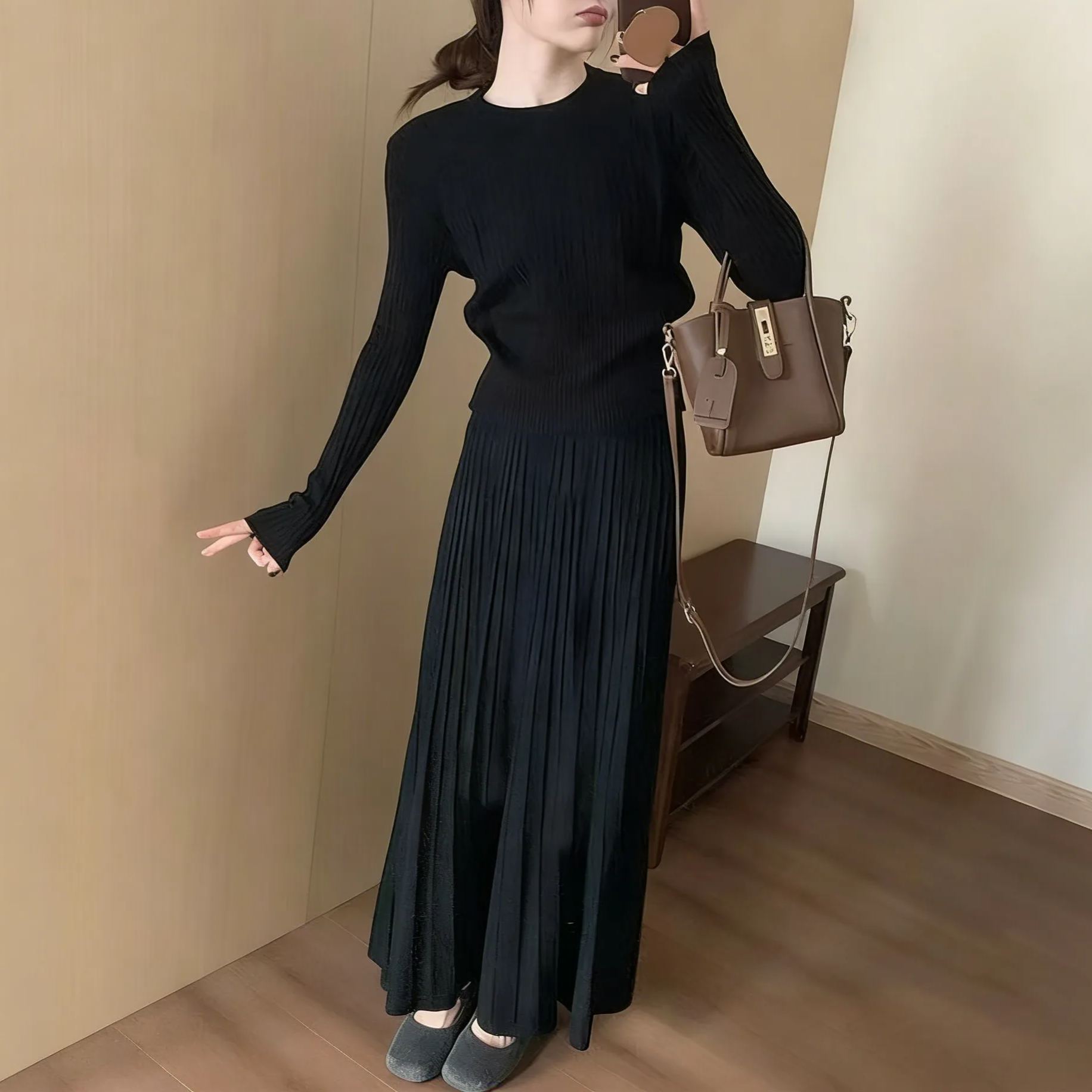 【整套】法式高級感收腰顯瘦針織毛衣+氣質半身長裙兩件套裝