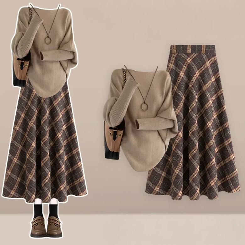 【單件/套裝】復古氣質長袖毛衣+格紋半身裙兩件套裝
