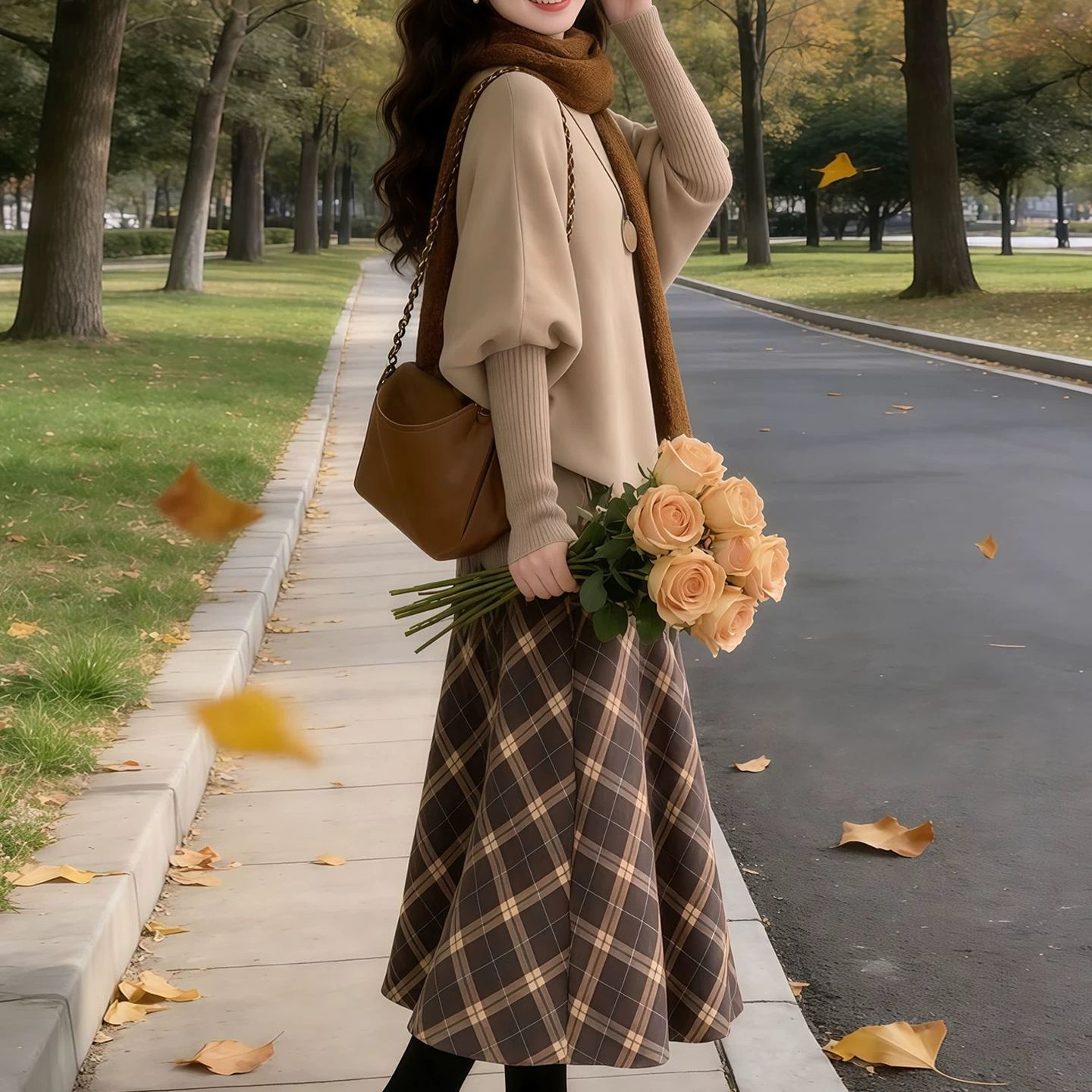 【單件/套裝】復古氣質長袖毛衣+格紋半身裙兩件套裝