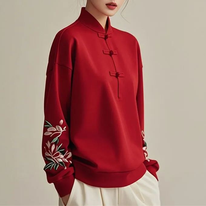 新中式國風盤扣刺繡立領德絨長袖