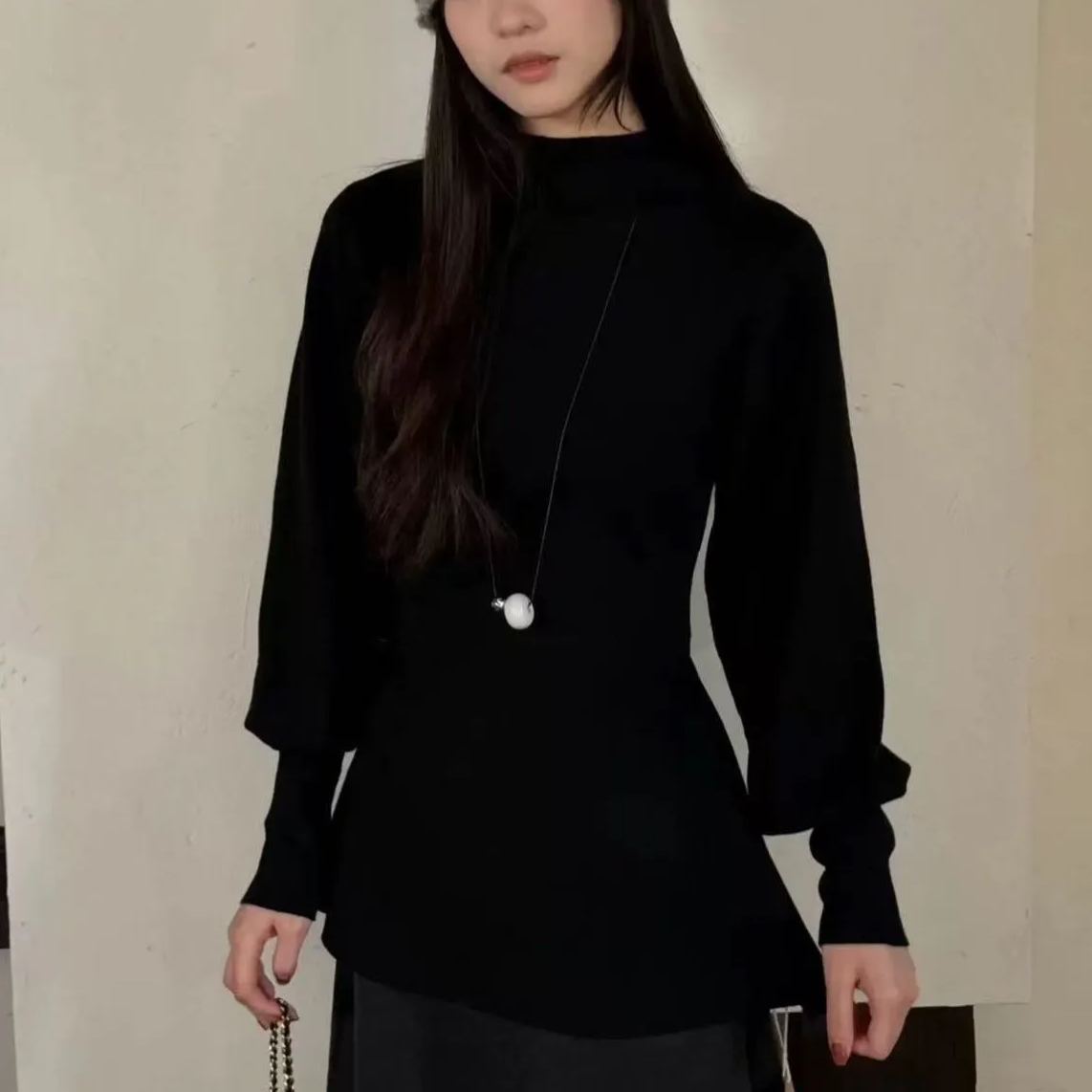 法式半高領燈籠袖獨特收腰慵懶氣質針織毛衣