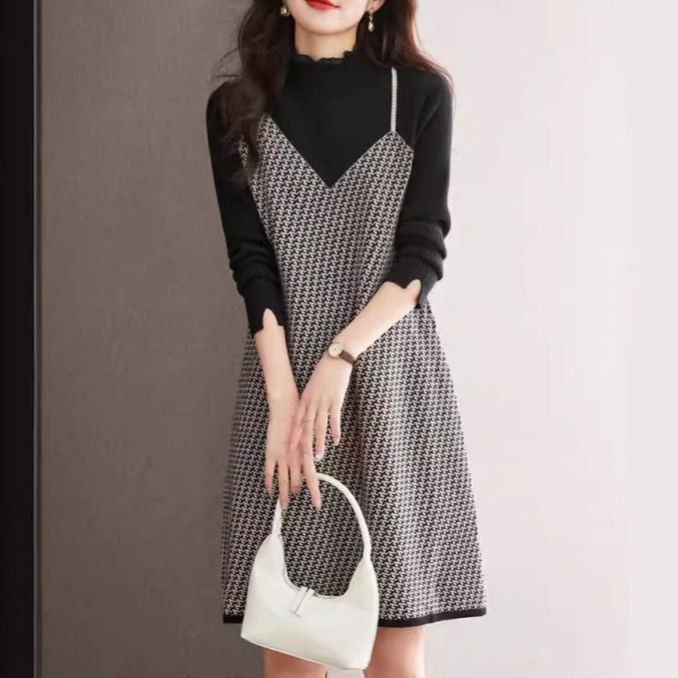 千鳥格內搭針織中長打底裙法式洋裝